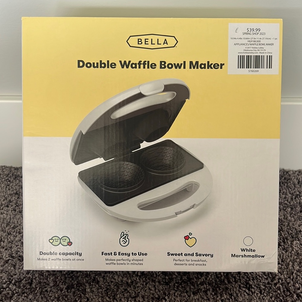 NEW BELLA Double Waffle Bowl Maker - Ice Cream Waffle Bowl Maker White Marsh ⚪️